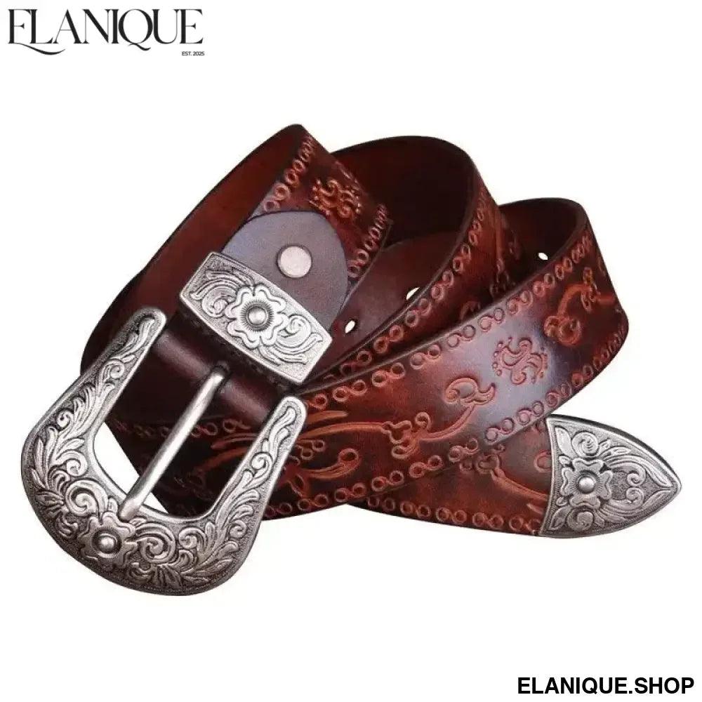 Designer High Quality Genuine Leather Strap Retro Flower Printing Belts Men | Pin Buckle Belt - Elanique