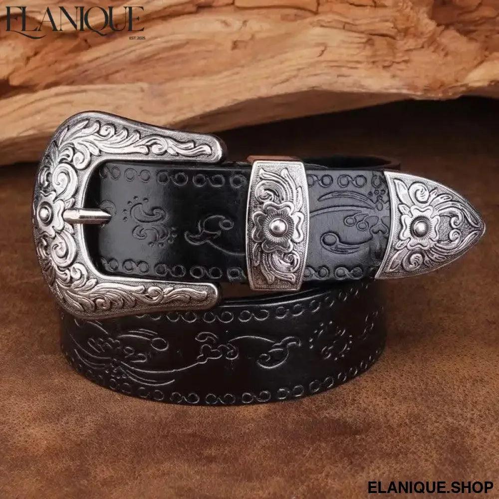 Designer High Quality Genuine Leather Strap Retro Flower Printing Belts Men | Pin Buckle Belt - Elanique