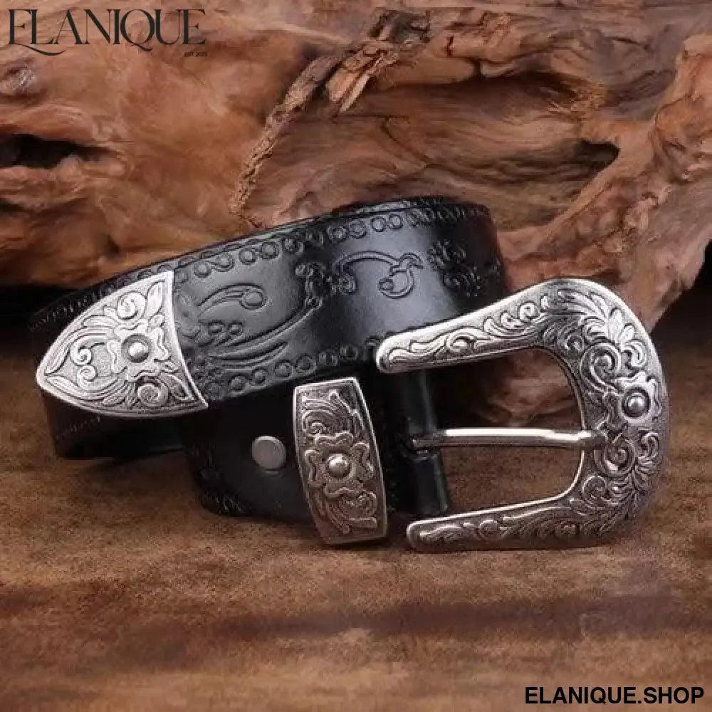 Designer High Quality Genuine Leather Strap Retro Flower Printing Belts Men | Pin Buckle Belt - Elanique