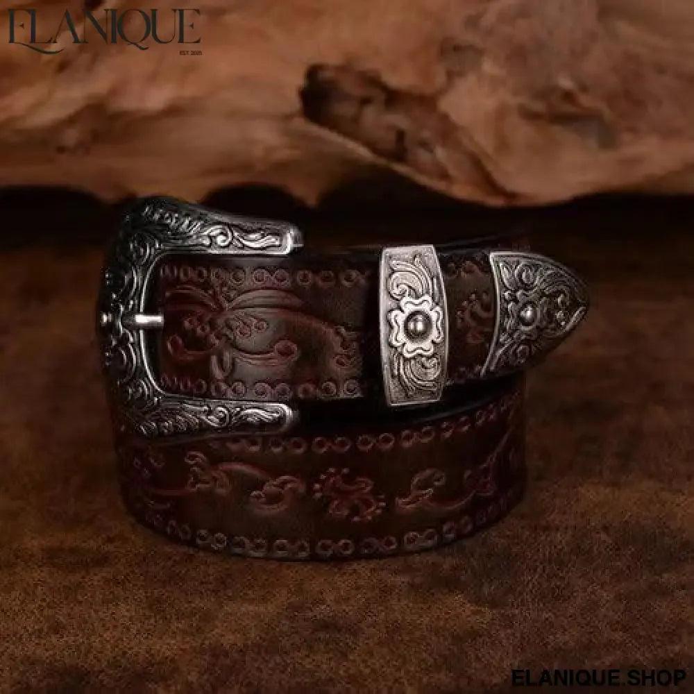 Designer High Quality Genuine Leather Strap Retro Flower Printing Belts Men | Pin Buckle Belt - Elanique