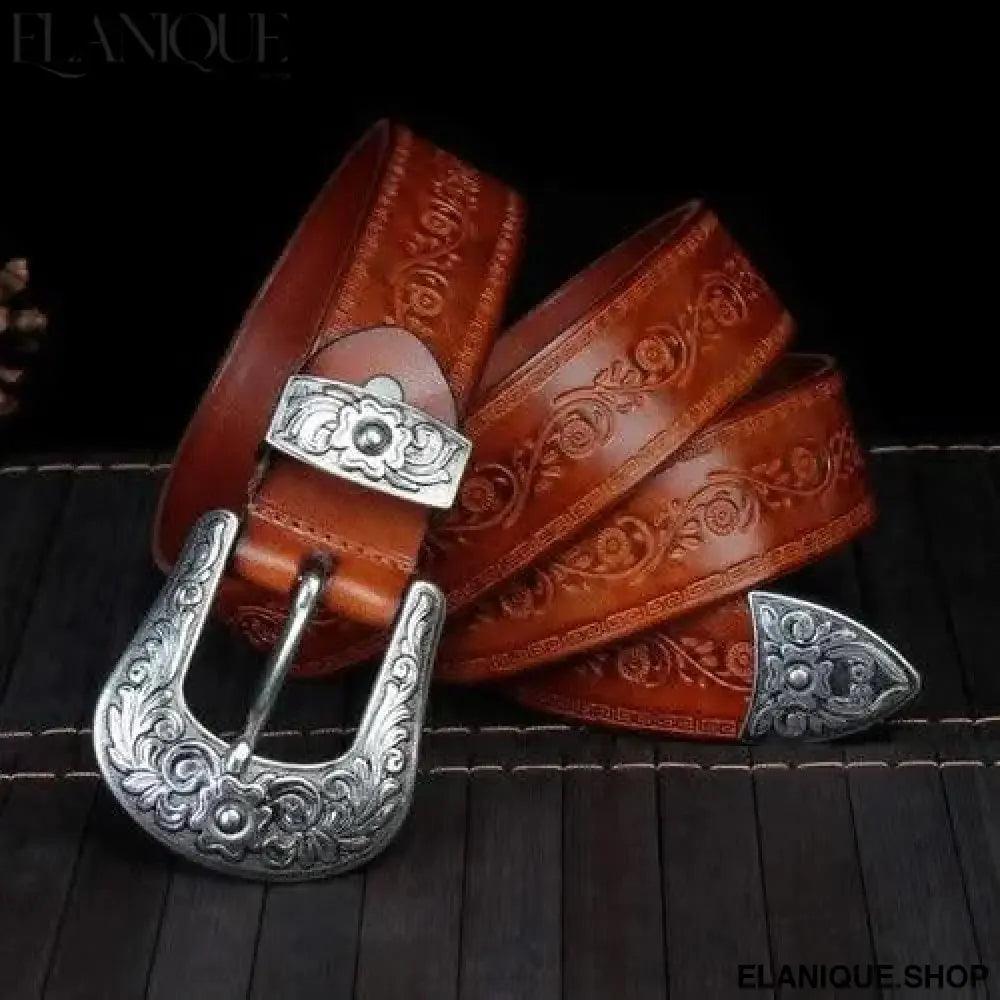 Designer High Quality Genuine Leather Strap Retro Flower Printing Belts Men | Pin Buckle Belt - Elanique
