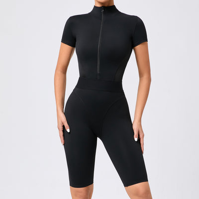 Tight Waist Open Collar Zipper Short Sleeve Yoga Jumpsuit Women