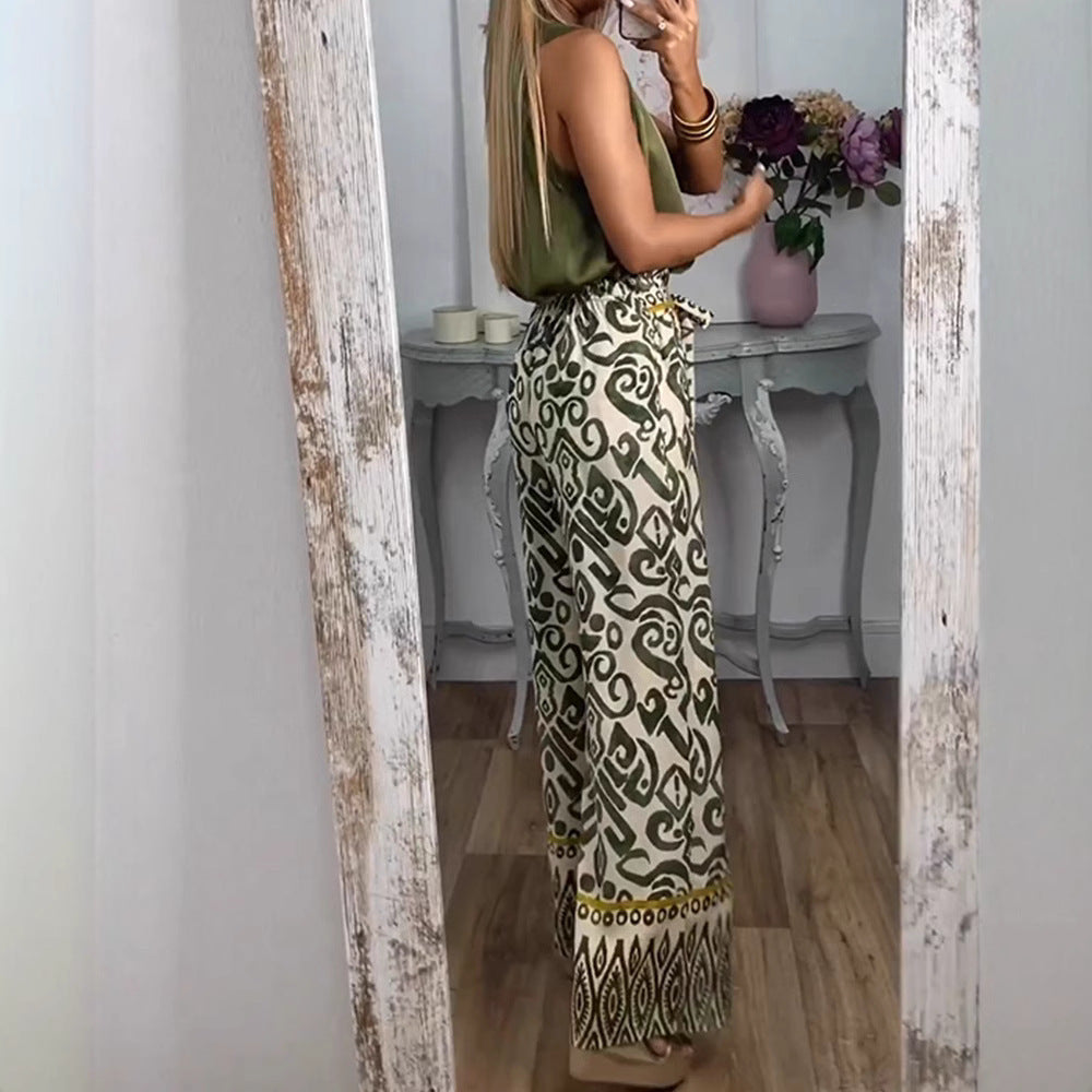 Women's Printed Belt Loose Casual Wide-leg Pants