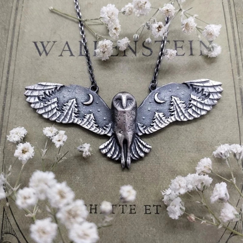 [Silvery Owl Pendant Animal Totem] Vintage Silvery Owl Pendant Necklace Witch Moon Phase Art Necklace Ladies Animal Totem Necklace Jewelry Gift