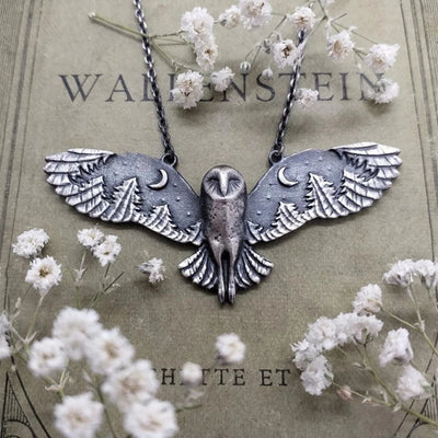 [Silvery Owl Pendant Animal Totem] Vintage Silvery Owl Pendant Necklace Witch Moon Phase Art Necklace Ladies Animal Totem Necklace Jewelry Gift