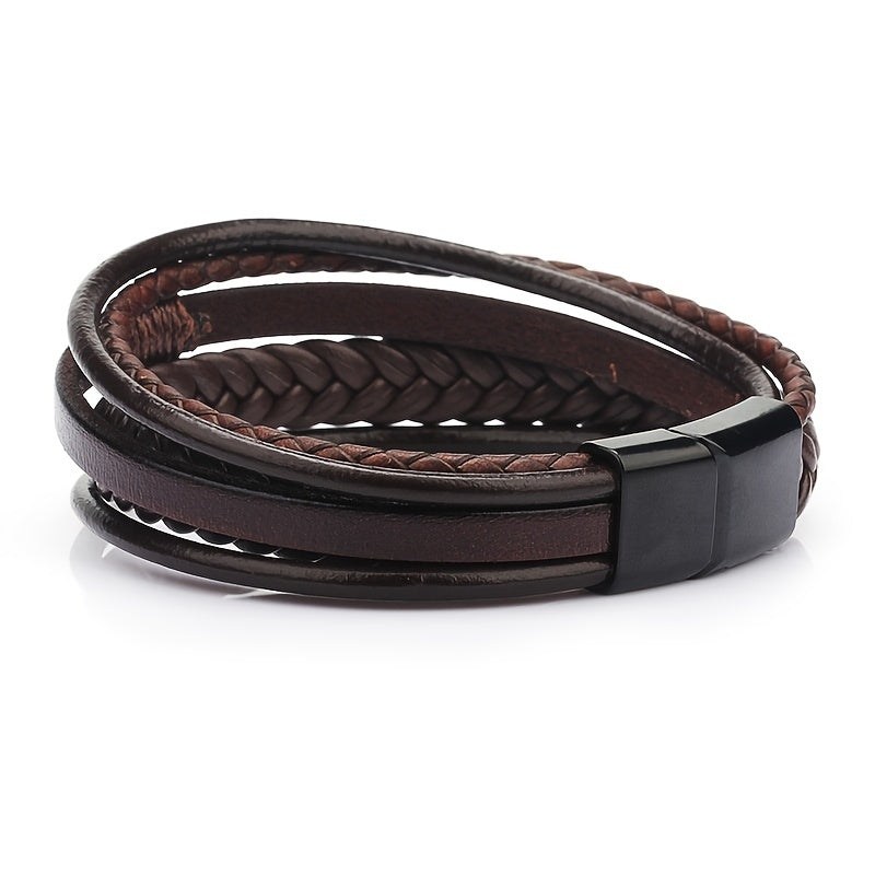 1pc Men's Hand-Woven Multi-Layer Leather Bracelet with Buckle Closure - Stylish Faux Leather Cuff, Durable & Versatile Accessory for Casual or Formal Wear