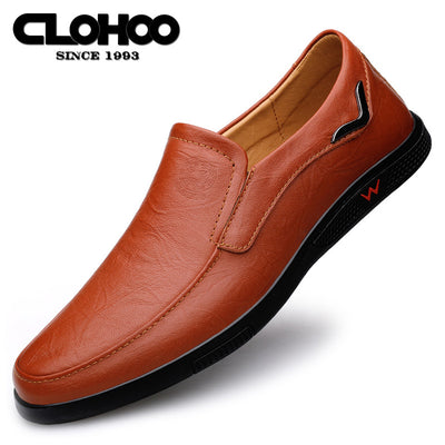 CLOHOO Men's Slip-On/Slip-Resistant Genuine Leather-like (Split Cowhide) Shoes - All-Season Casual & Dressy -like Sneakers with PU, Non-Skid Rubber Sole, Black/Brown for Business, Vacation, Casual Attire (No Laces)