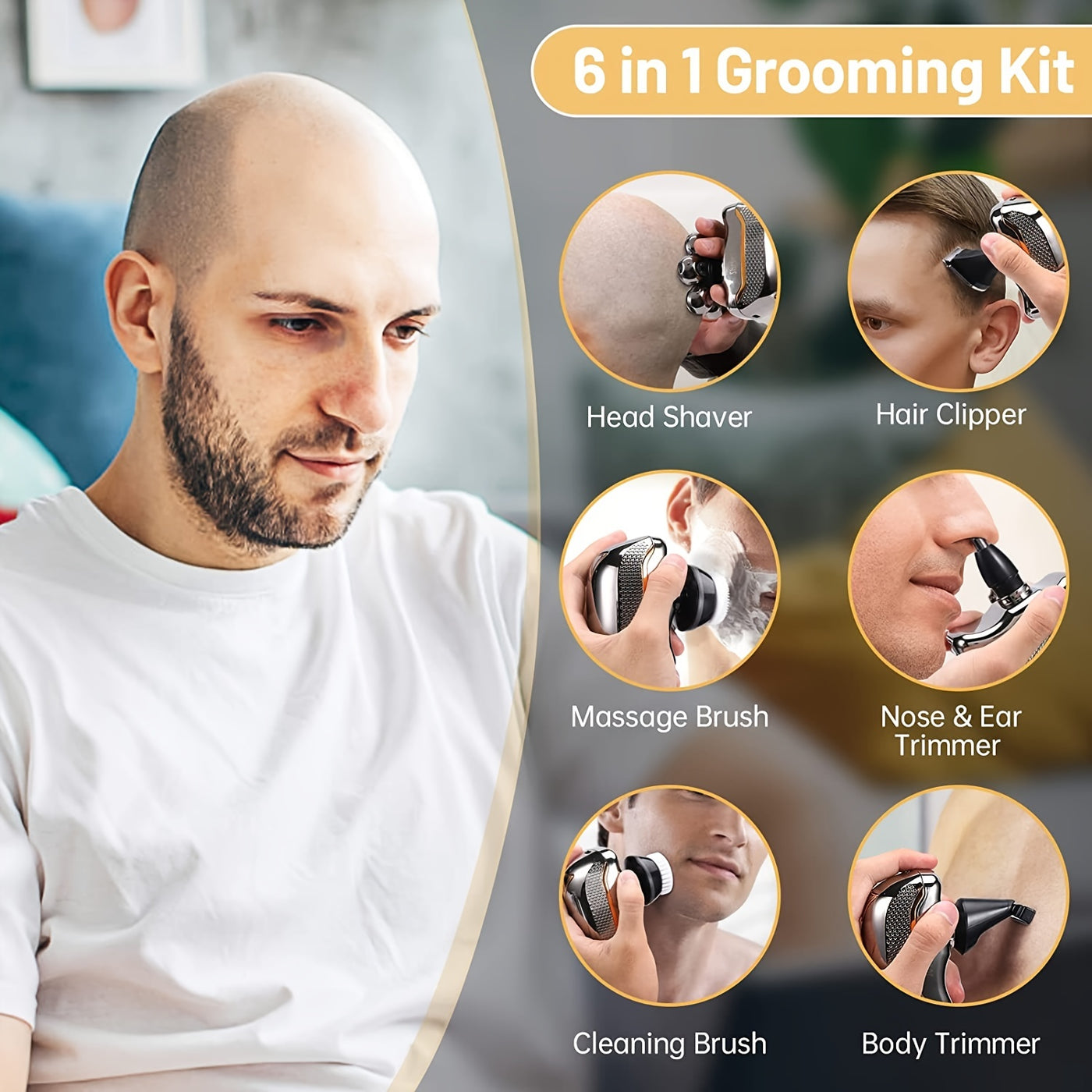 Men's Electronic Head Shaver Razor - Rechargeable Cordless Hair Shaving Razors For Bald Man 6 In 1 Wet Dry Beard Trimmer Body Hair Cutting Clipper Grooming Kit 7 Rotary Heads