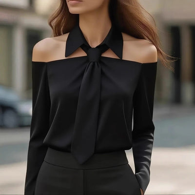 Women's Solid Color Long Sleeve Shirt With Tie And Lapel Collar, Casual & Elegant Blouse For Office And Formal Wear