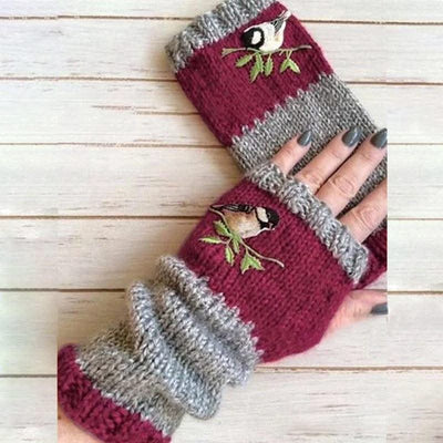 Warm Stitching Embroidered Gloves Women