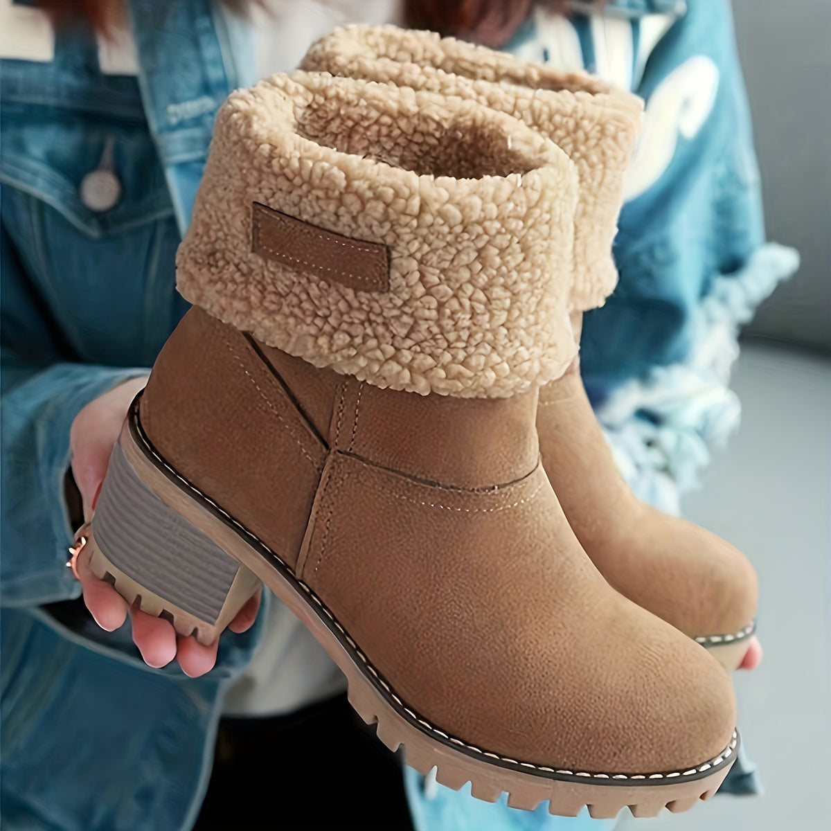 [Faux Fur Lined Boots] Warm Faux Fur Lined Women's Boots - Slip On Block Heeled Ankle Boots - Women's Footwear