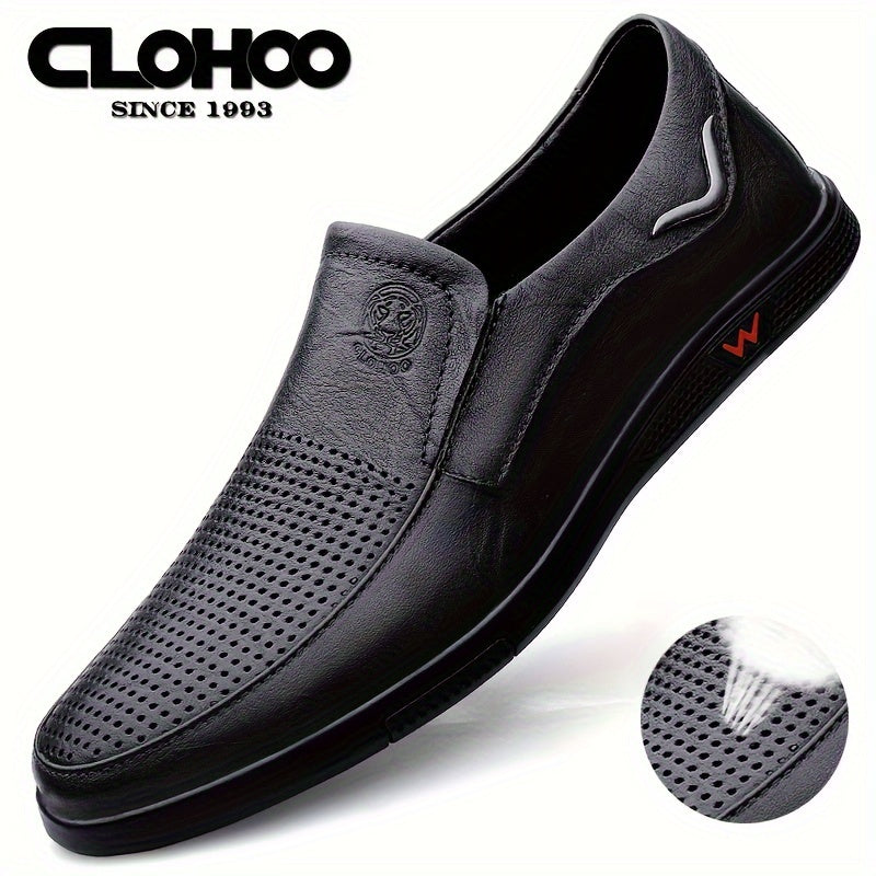 CLOHOO Men's Slip-On/Slip-Resistant Genuine Leather-like (Split Cowhide) Shoes - All-Season Casual & Dressy -like Sneakers with PU, Non-Skid Rubber Sole, Black/Brown for Business, Vacation, Casual Attire (No Laces)