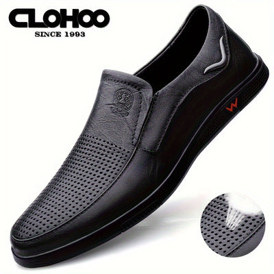 CLOHOO Men's Slip-On/Slip-Resistant Genuine Leather-like (Split Cowhide) Shoes - All-Season Casual & Dressy -like Sneakers with PU, Non-Skid Rubber Sole, Black/Brown for Business, Vacation, Casual Attire (No Laces)