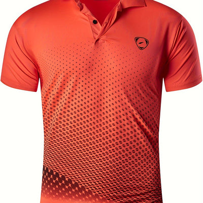 Jeansian Men's Lightweight Breathable Sport Shirt - Vibrant Orange All-Over Dot Print, Stretch Polyester Short Sleeve with Collar & Button Placket for Tennis Golf Bowling, Regular Fit All-Season Casual Athletic Wear, Tennis A