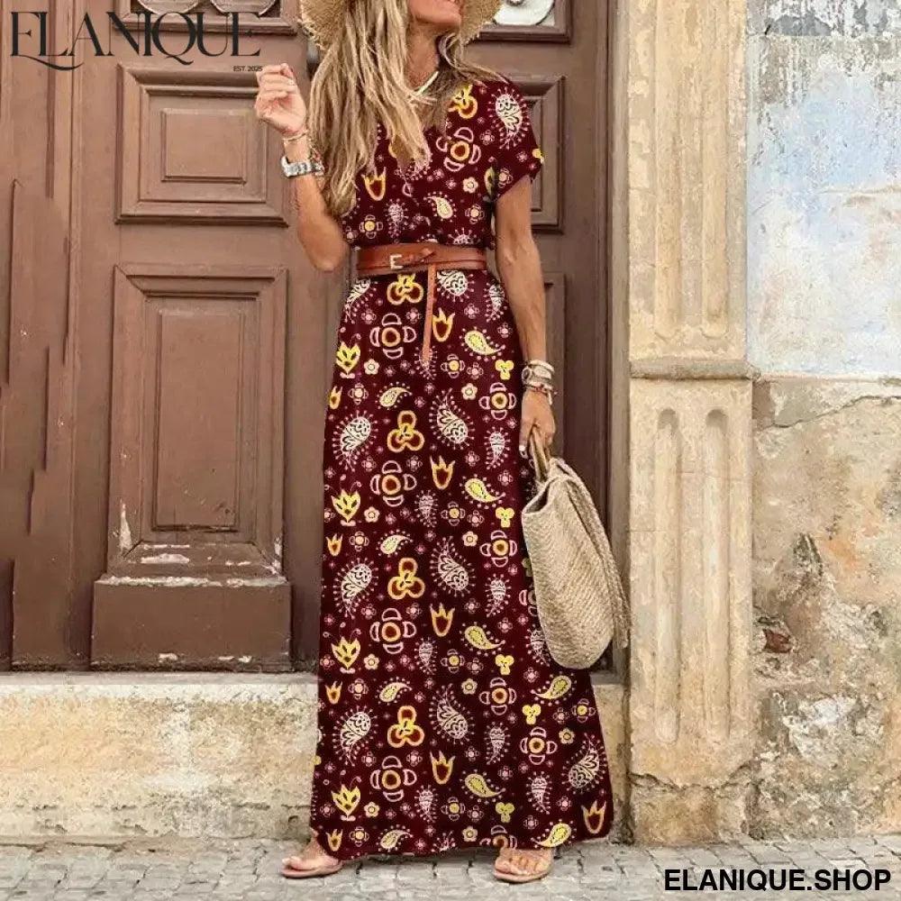 Floral Summer Dress Wrap V Neck Short Sleeve Belted Ruffle - Elanique