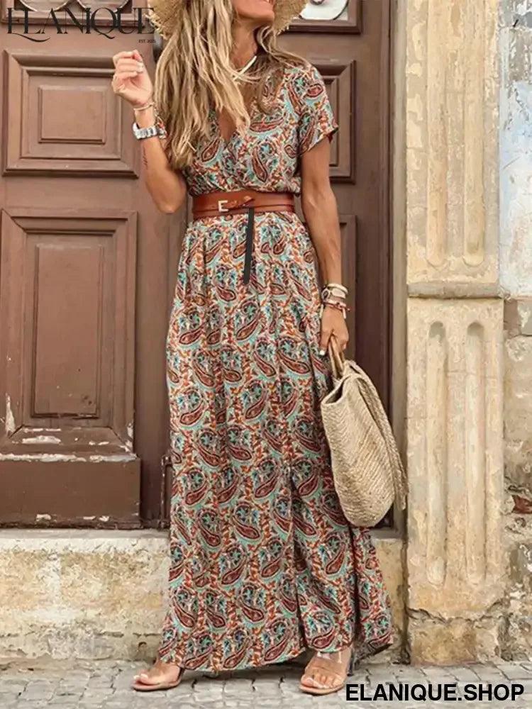 Floral Summer Dress Wrap V Neck Short Sleeve Belted Ruffle - Elanique