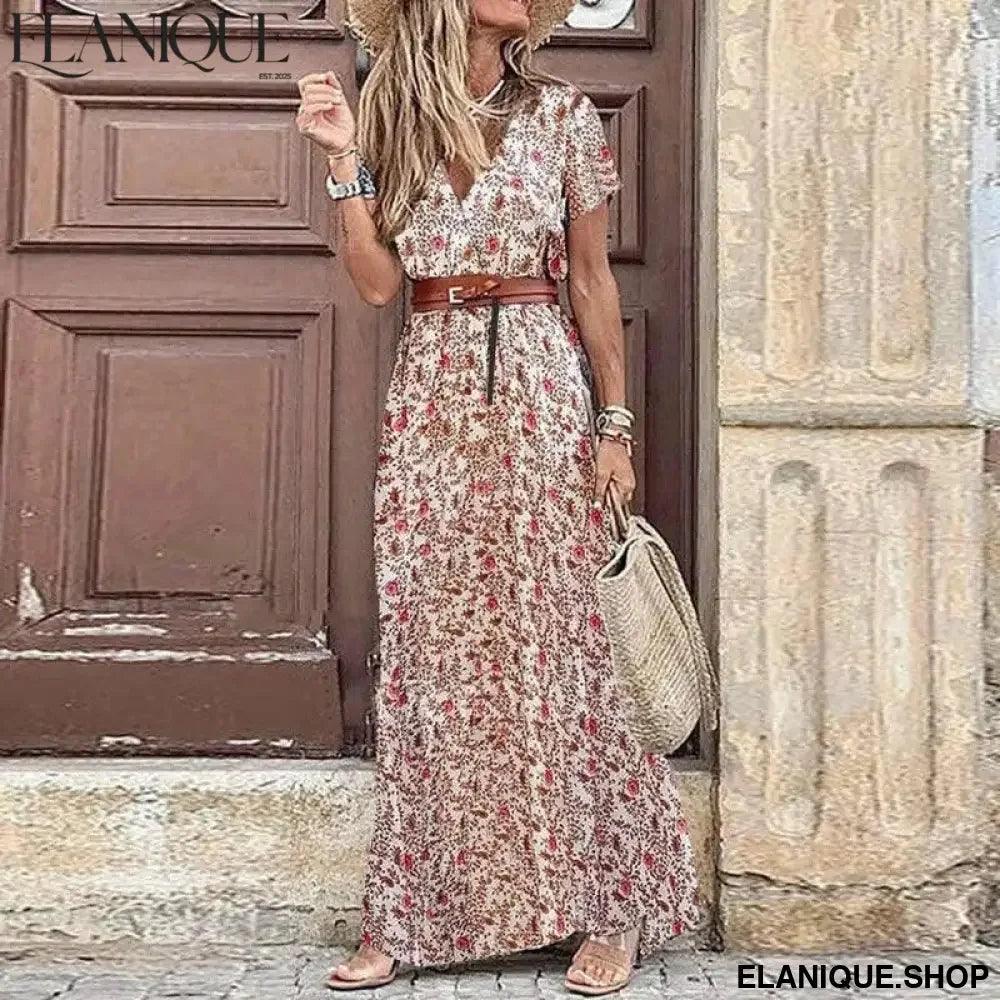 Floral Summer Dress Wrap V Neck Short Sleeve Belted Ruffle - Elanique