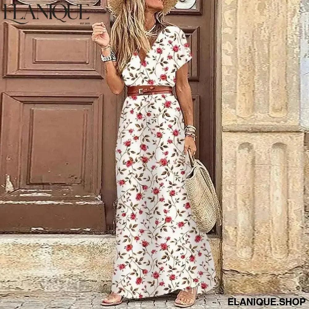 Floral Summer Dress Wrap V Neck Short Sleeve Belted Ruffle - Elanique