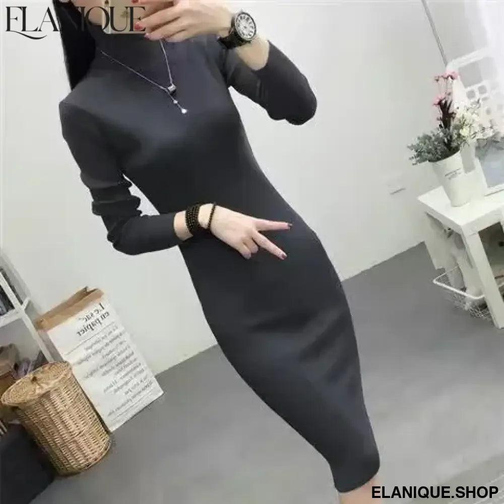 Korean Turtleneck Slim Knit Dress - Mid-Length Sweater - Elanique