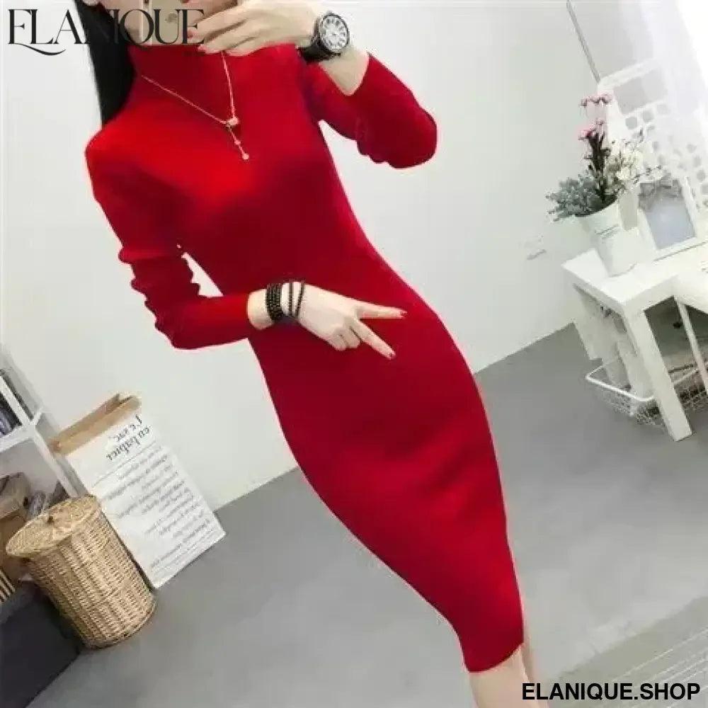 Korean Turtleneck Slim Knit Dress - Mid-Length Sweater - Elanique