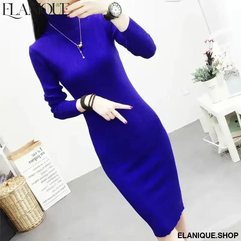 Korean Turtleneck Slim Knit Dress - Mid-Length Sweater - Elanique