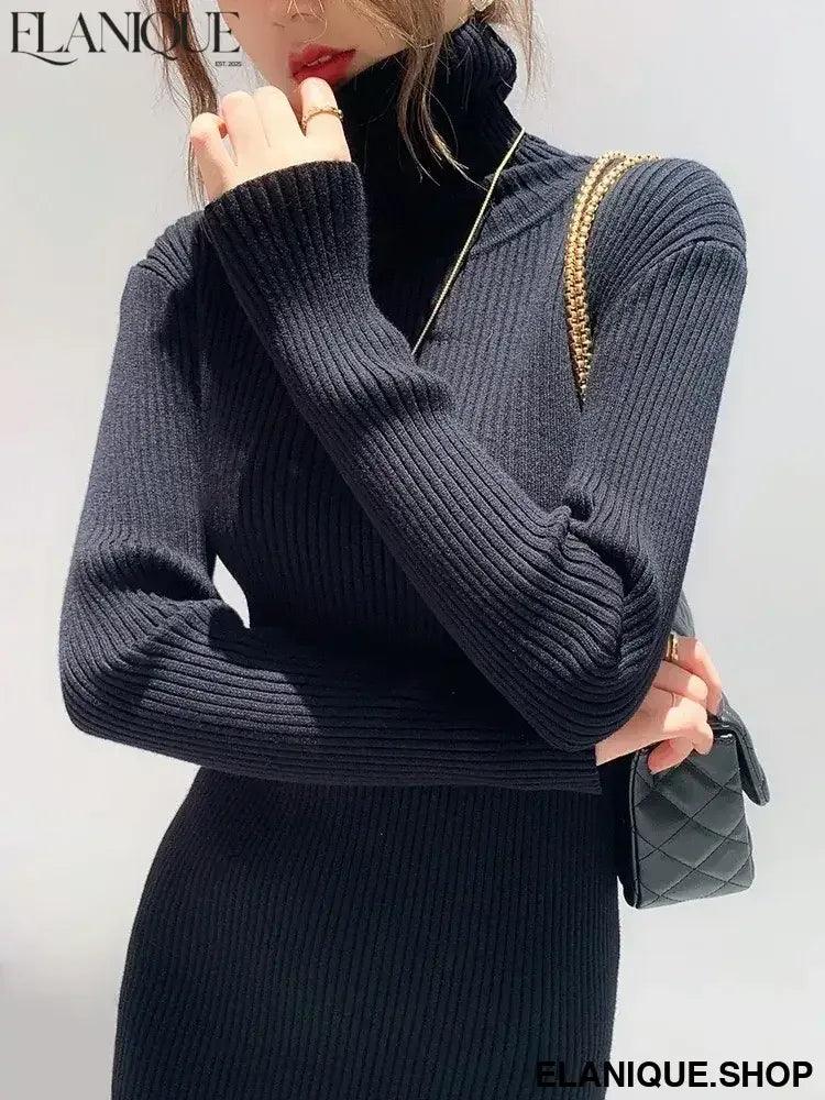 Korean Turtleneck Slim Knit Dress - Mid-Length Sweater - Elanique