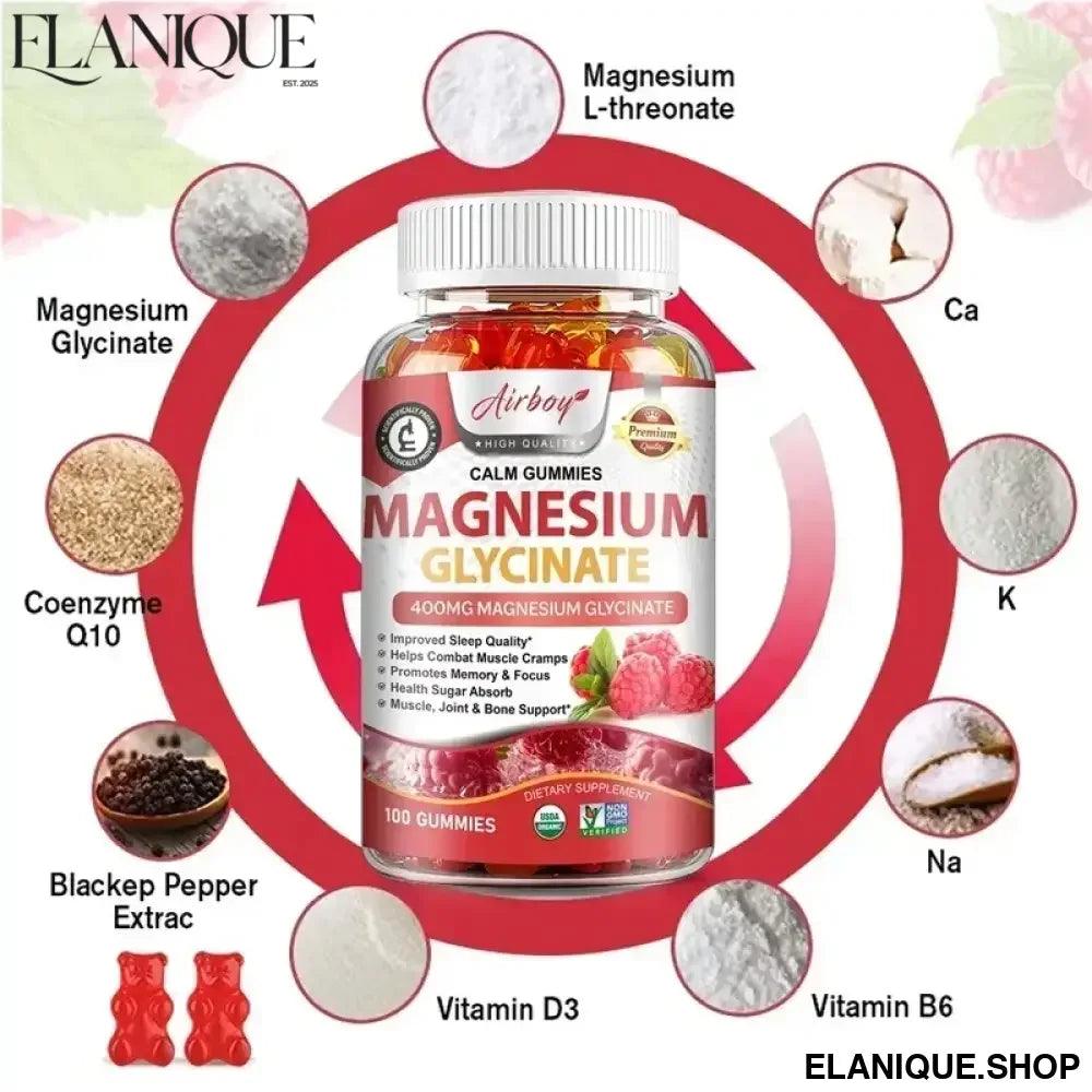 Magnesium Glycinate Gummies - Brain Health, Strengthen Muscles and Bones, Improve Sleep, Relax Nerves - Elanique