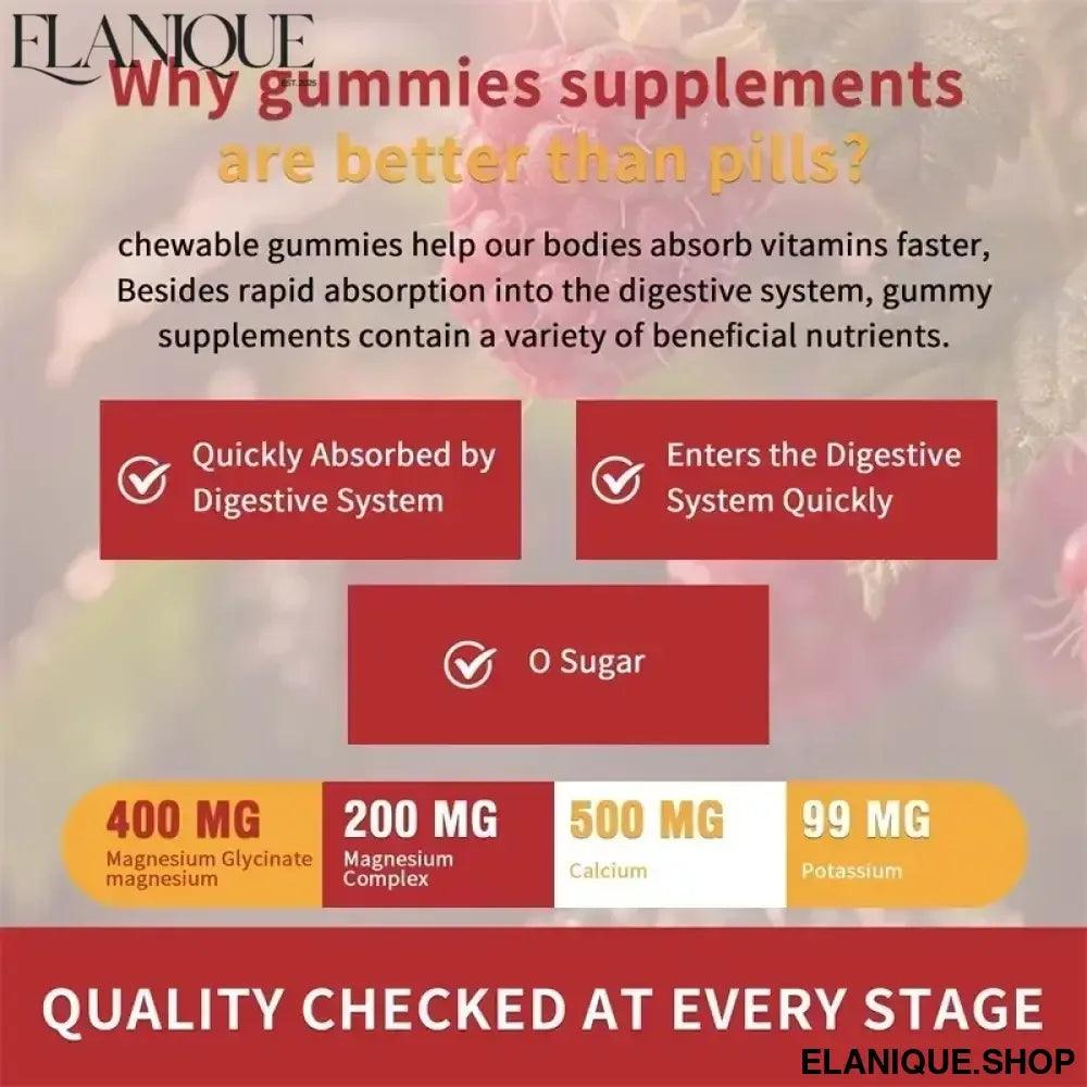 Magnesium Glycinate Gummies - Brain Health, Strengthen Muscles and Bones, Improve Sleep, Relax Nerves - Elanique