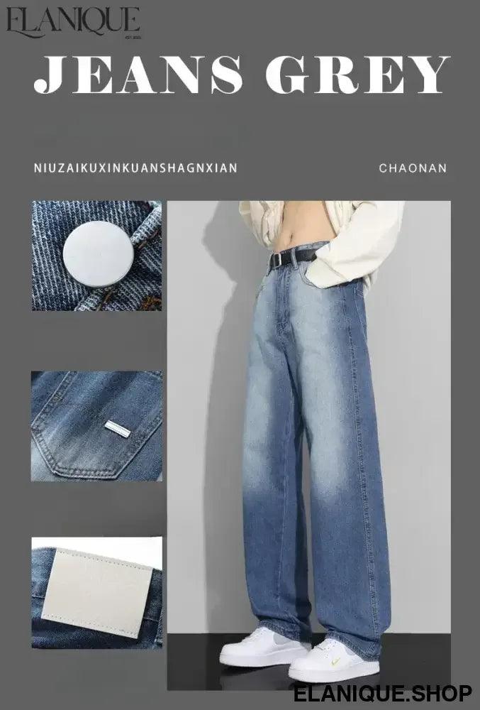 Men Designer Jeans Autumn New Embroidered Label Gradient Fashion Trousers Denim Male Korean Wide Straight Casual Pants - Elanique