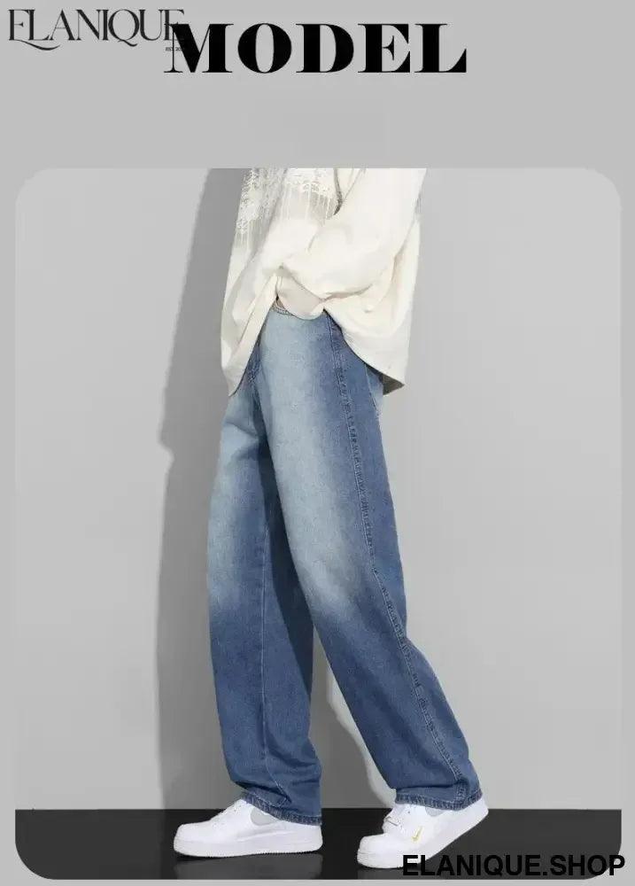 Men Designer Jeans Autumn New Embroidered Label Gradient Fashion Trousers Denim Male Korean Wide Straight Casual Pants - Elanique