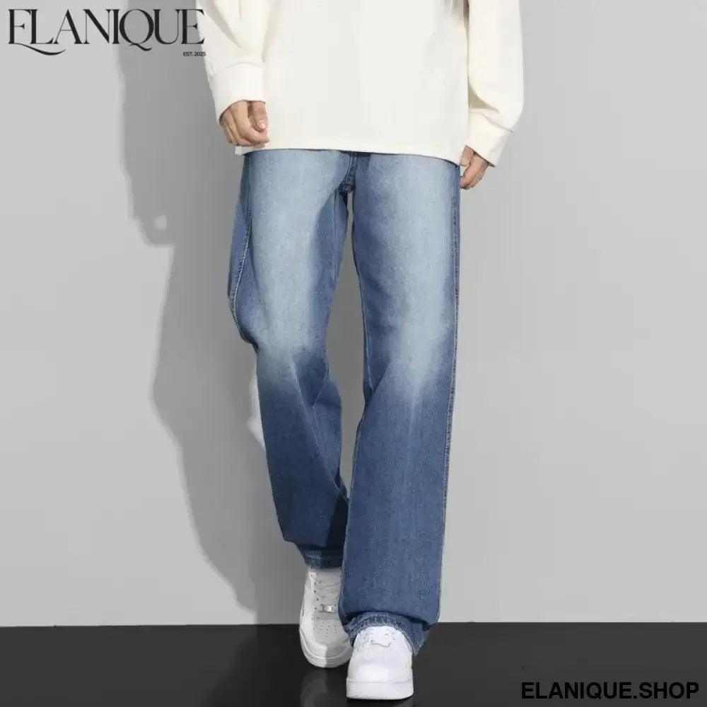 Men Designer Jeans Autumn New Embroidered Label Gradient Fashion Trousers Denim Male Korean Wide Straight Casual Pants - Elanique
