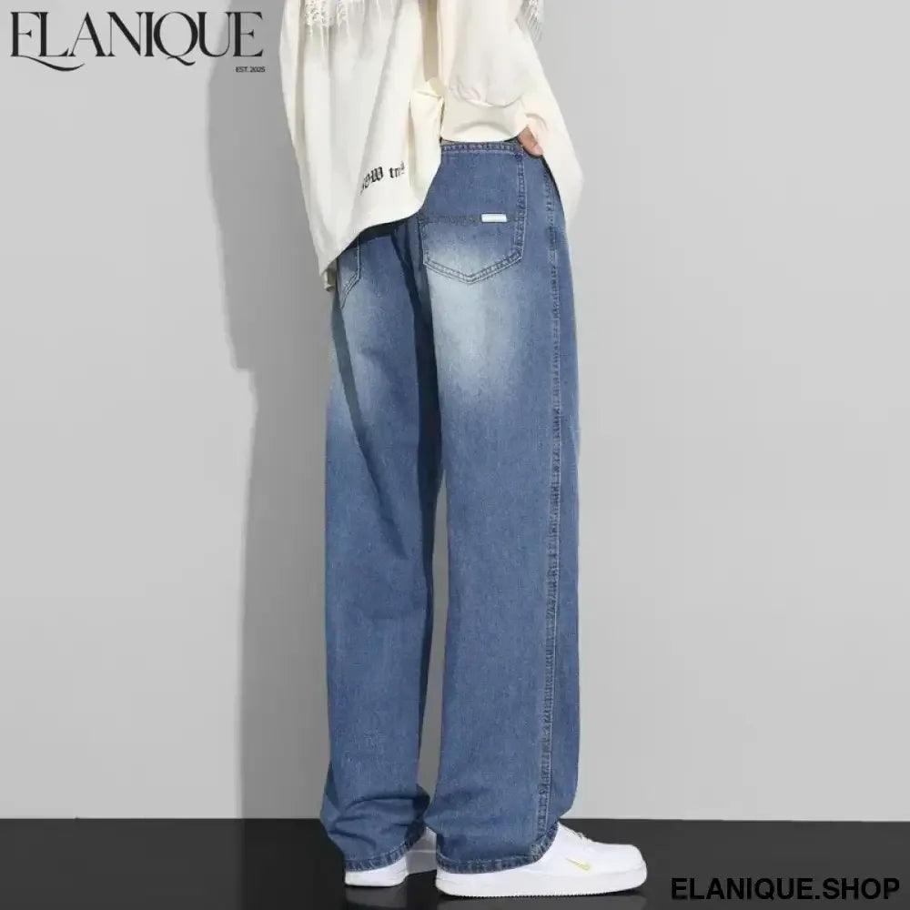 Men Designer Jeans Autumn New Embroidered Label Gradient Fashion Trousers Denim Male Korean Wide Straight Casual Pants - Elanique
