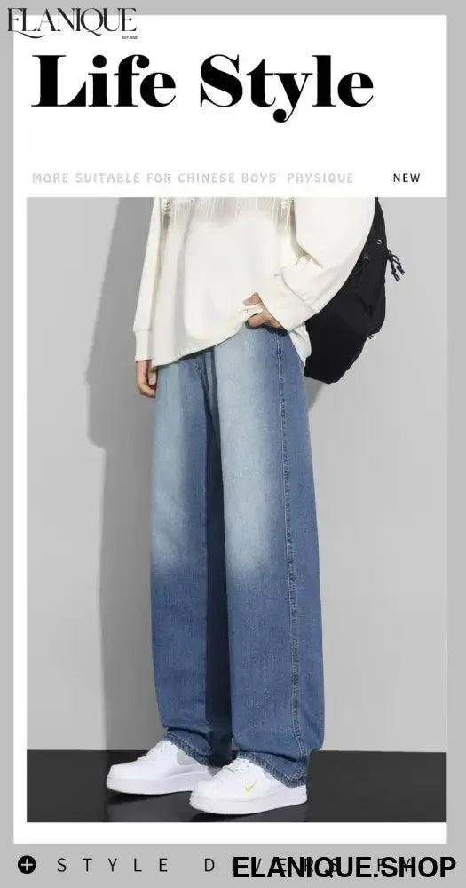 Men Designer Jeans Autumn New Embroidered Label Gradient Fashion Trousers Denim Male Korean Wide Straight Casual Pants - Elanique