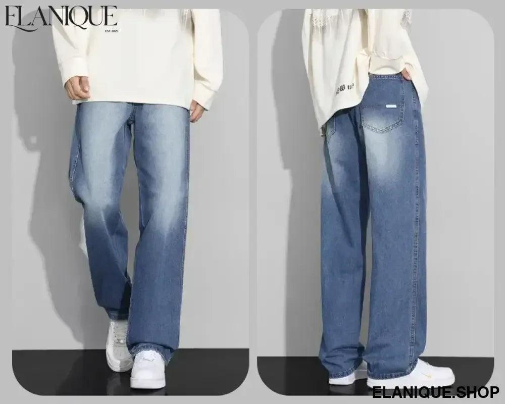 Men Designer Jeans Autumn New Embroidered Label Gradient Fashion Trousers Denim Male Korean Wide Straight Casual Pants - Elanique