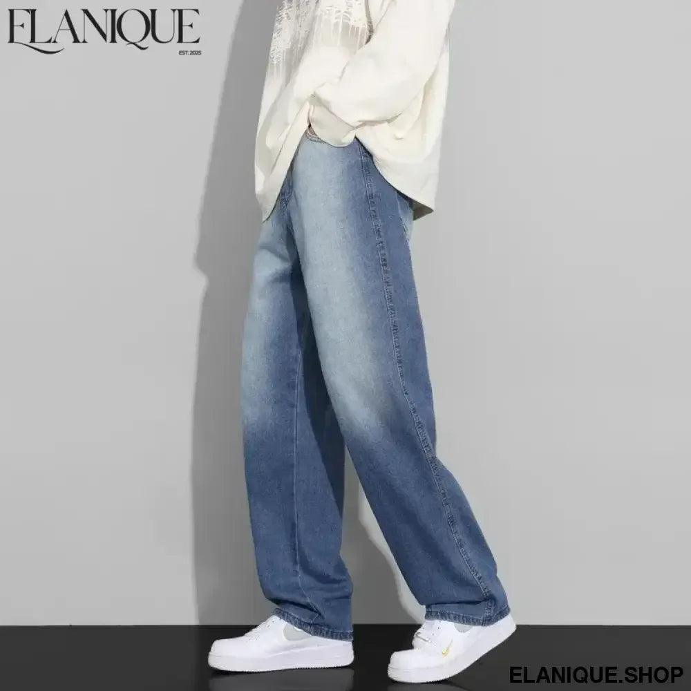 Men Designer Jeans Autumn New Embroidered Label Gradient Fashion Trousers Denim Male Korean Wide Straight Casual Pants - Elanique
