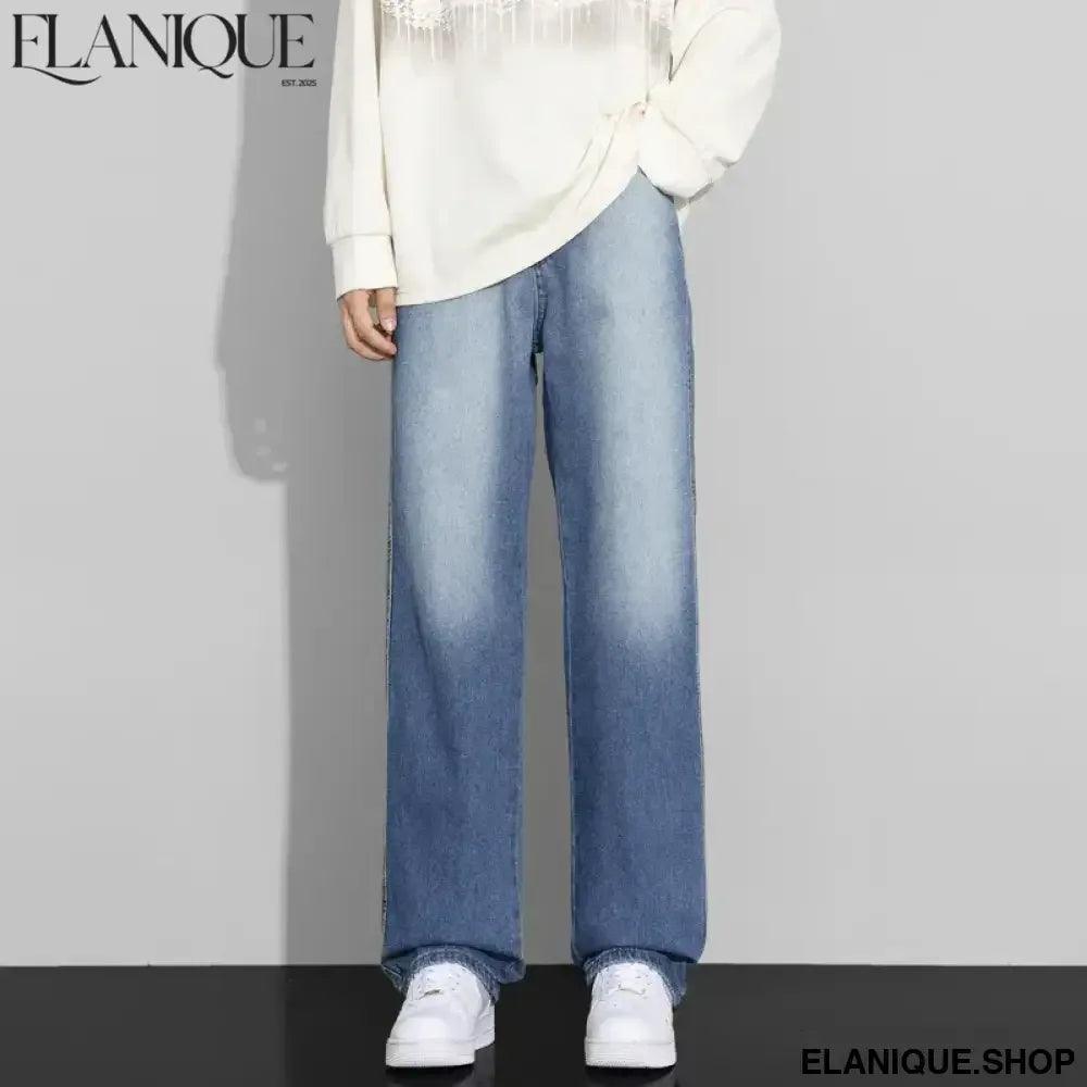 Men Designer Jeans Autumn New Embroidered Label Gradient Fashion Trousers Denim Male Korean Wide Straight Casual Pants - Elanique