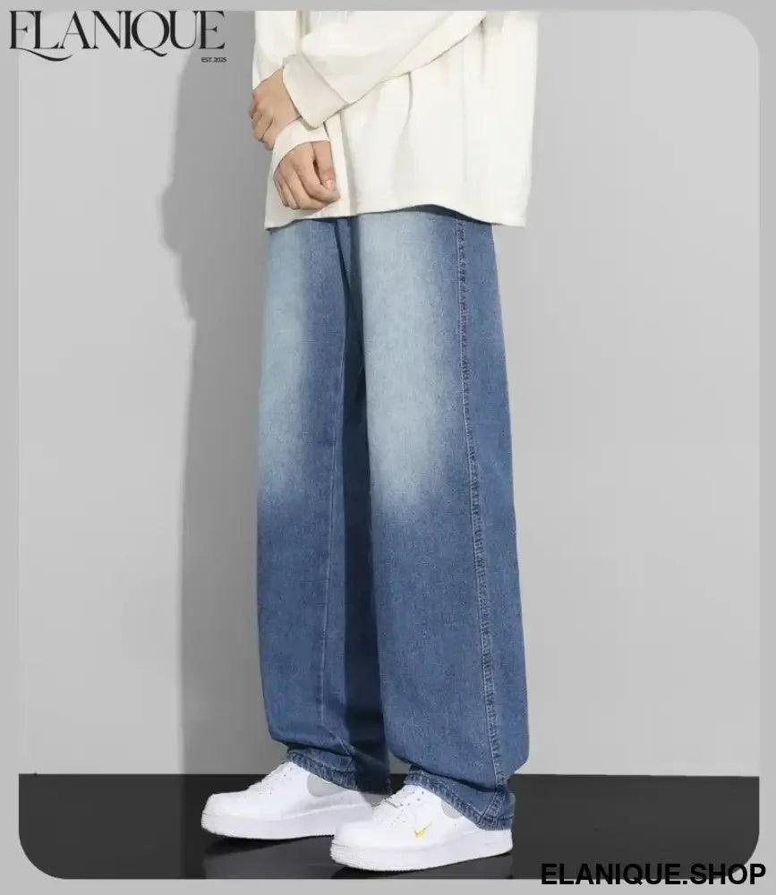 Men Designer Jeans Autumn New Embroidered Label Gradient Fashion Trousers Denim Male Korean Wide Straight Casual Pants - Elanique