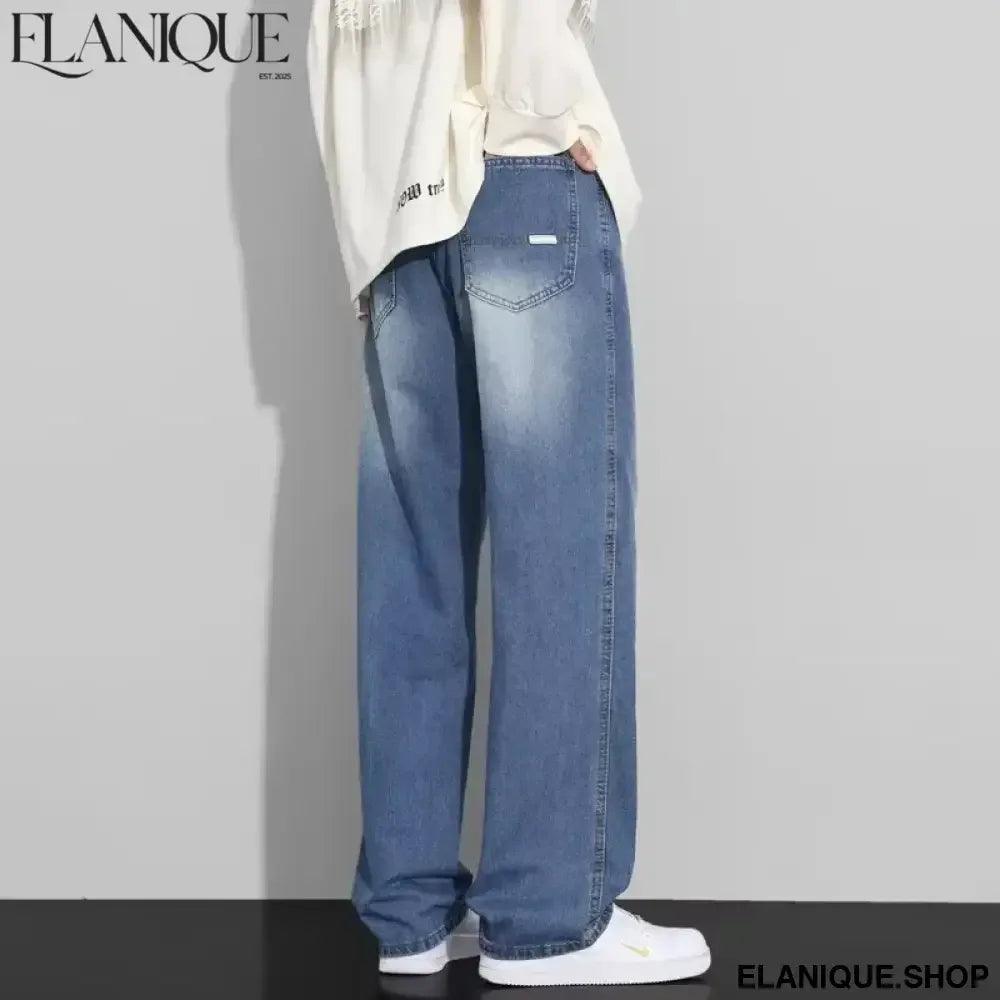 Men Designer Jeans Autumn New Embroidered Label Gradient Fashion Trousers Denim Male Korean Wide Straight Casual Pants - Elanique