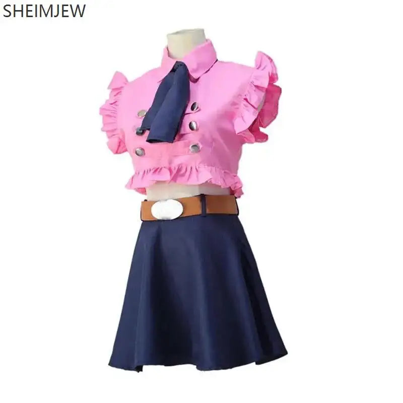 Pink ruffled blouse with navy blue skirt and matching scarf, accented by a brown belt.