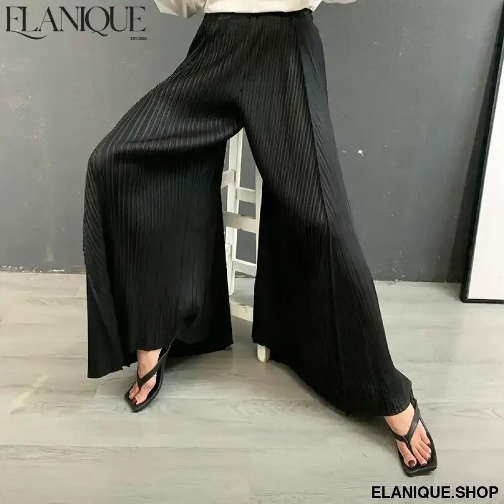 Pleated Wide Leg Pants For Women New Autumn 2025 Solid Color Elastic Waist High Quality Loose Casual Trousers Female - Elanique