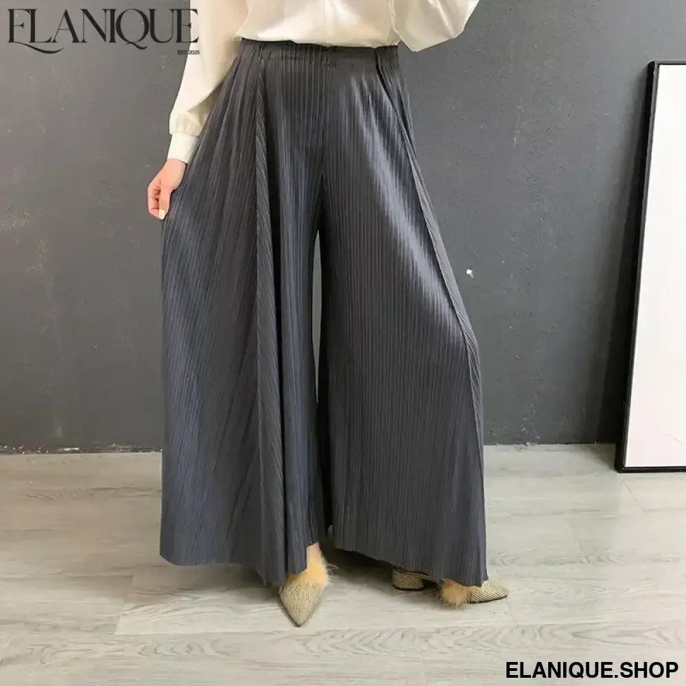 Pleated Wide Leg Pants For Women New Autumn 2025 Solid Color Elastic Waist High Quality Loose Casual Trousers Female - Elanique