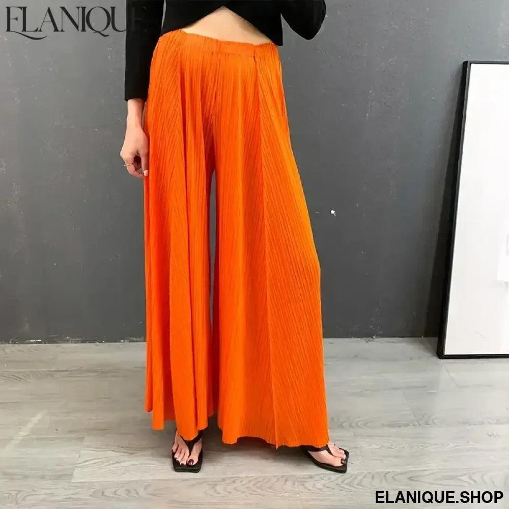 Pleated Wide Leg Pants For Women New Autumn 2025 Solid Color Elastic Waist High Quality Loose Casual Trousers Female - Elanique