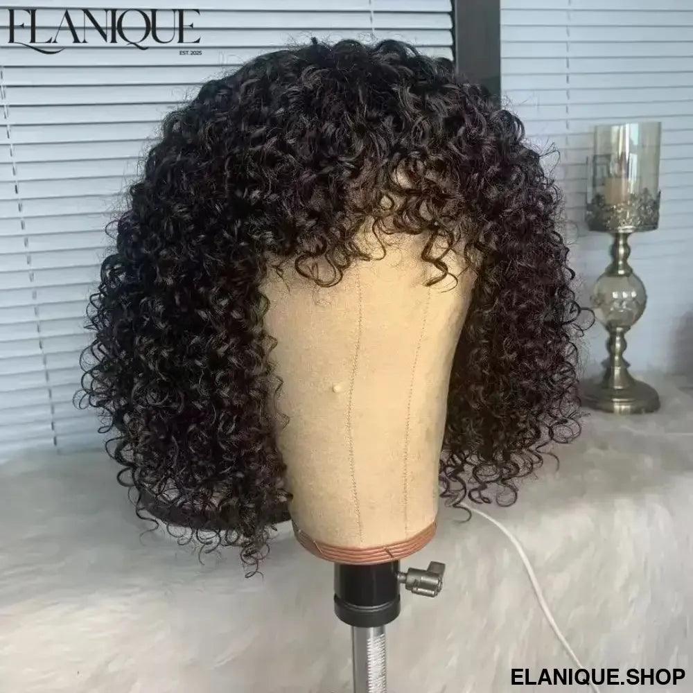 Short Bob Curly Human Hair Wigs with Bangs None Lace Front Human Hair Wigs for Black Women 200% Density - Elanique