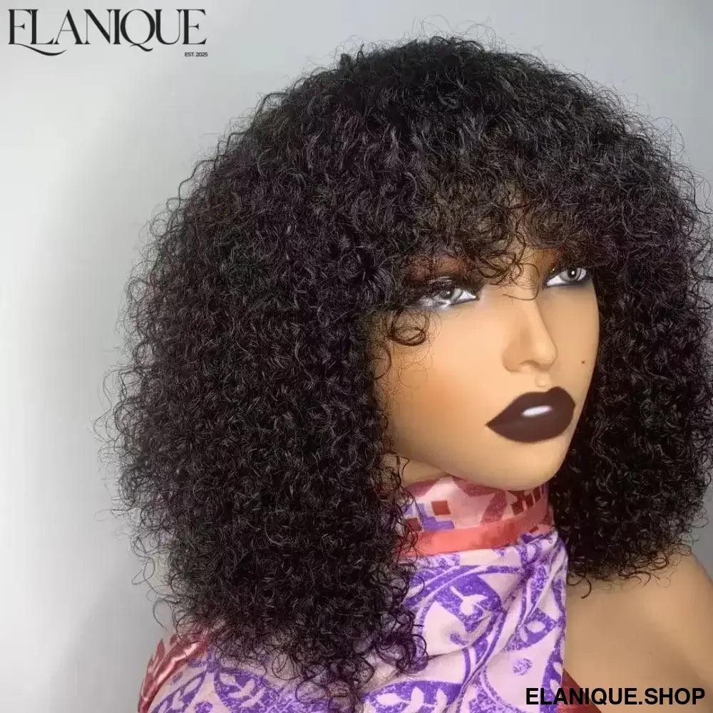 Short Bob Curly Human Hair Wigs with Bangs None Lace Front Human Hair Wigs for Black Women 200% Density - Elanique