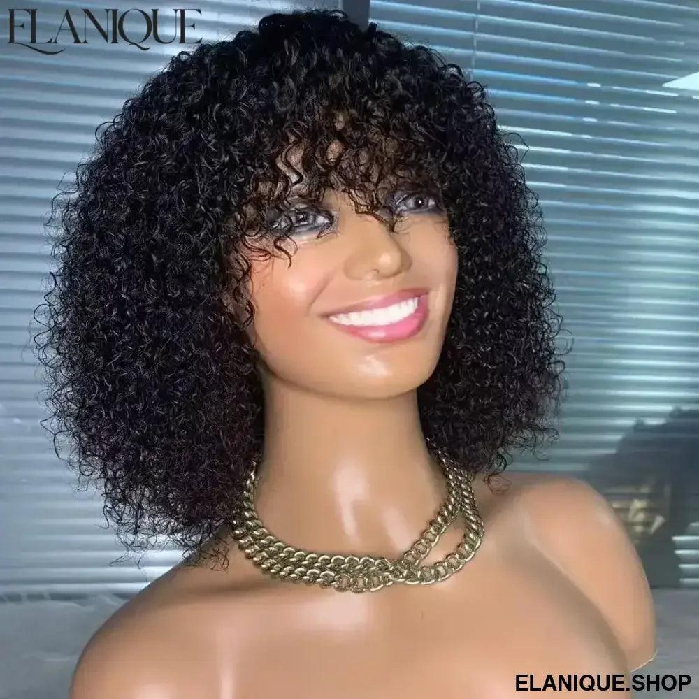 Short Bob Curly Human Hair Wigs with Bangs None Lace Front Human Hair Wigs for Black Women 200% Density - Elanique