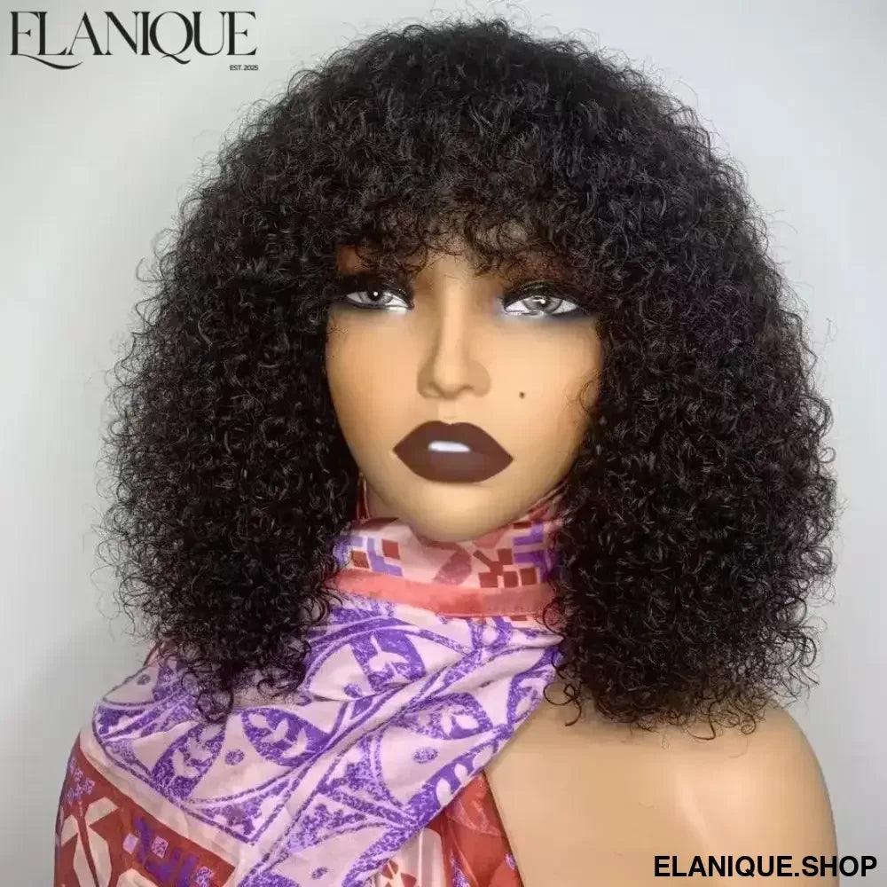 Short Bob Curly Human Hair Wigs with Bangs None Lace Front Human Hair Wigs for Black Women 200% Density - Elanique
