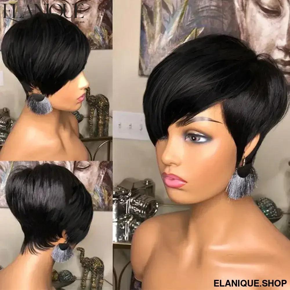 Short Bob Straight Human Hair Wigs Natural Black Brazilian Virgin Hair Pixie Cut Wig For Black Women Full Machine Made Wigs - Elanique