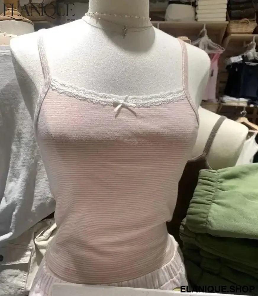 Women Pink Striped Bow Ornament Tops - Elanique