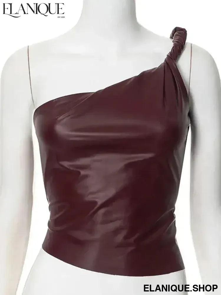 Women Pu Leather Crop Top Club Asymmetric Diagonal Shoulder - Elanique