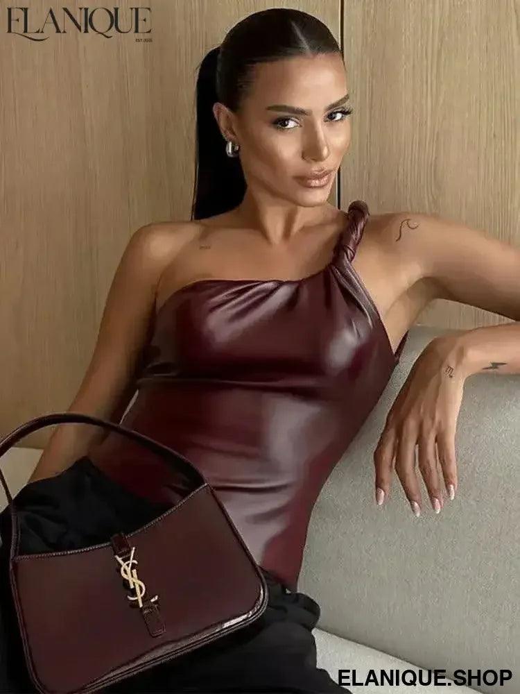 Women Pu Leather Crop Top Club Asymmetric Diagonal Shoulder - Elanique